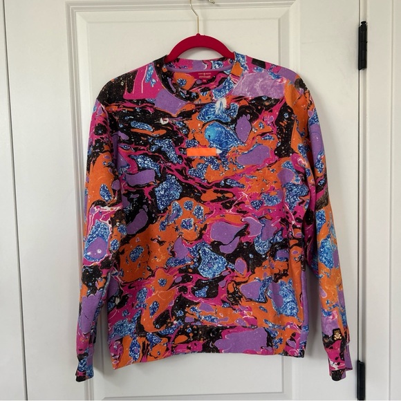 TEDDY FRESH x Myfawnwy size XS Unisex Abstract Marble Crew Logo Sweatshirt 45" B - Picture 2 of 7